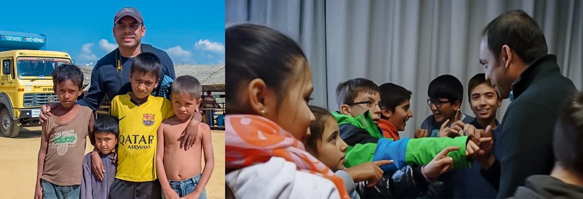 Two photographs of Rais Bhuiyan with children: standing with four boys beside a truck at a refugee camp, and greeting a group of children indoors.