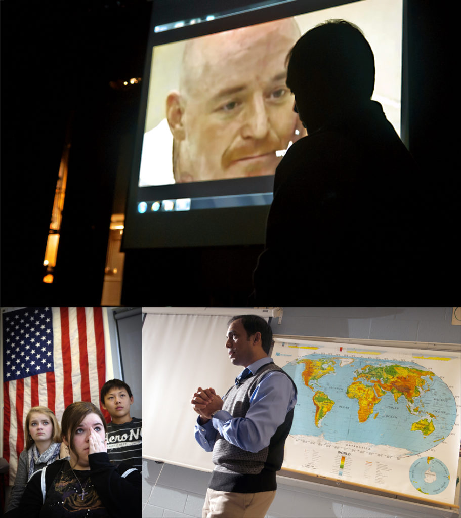 Speaking with students at Glastonbury High School. Photo: Hartford Courant, Glastonbury, CT, 2012